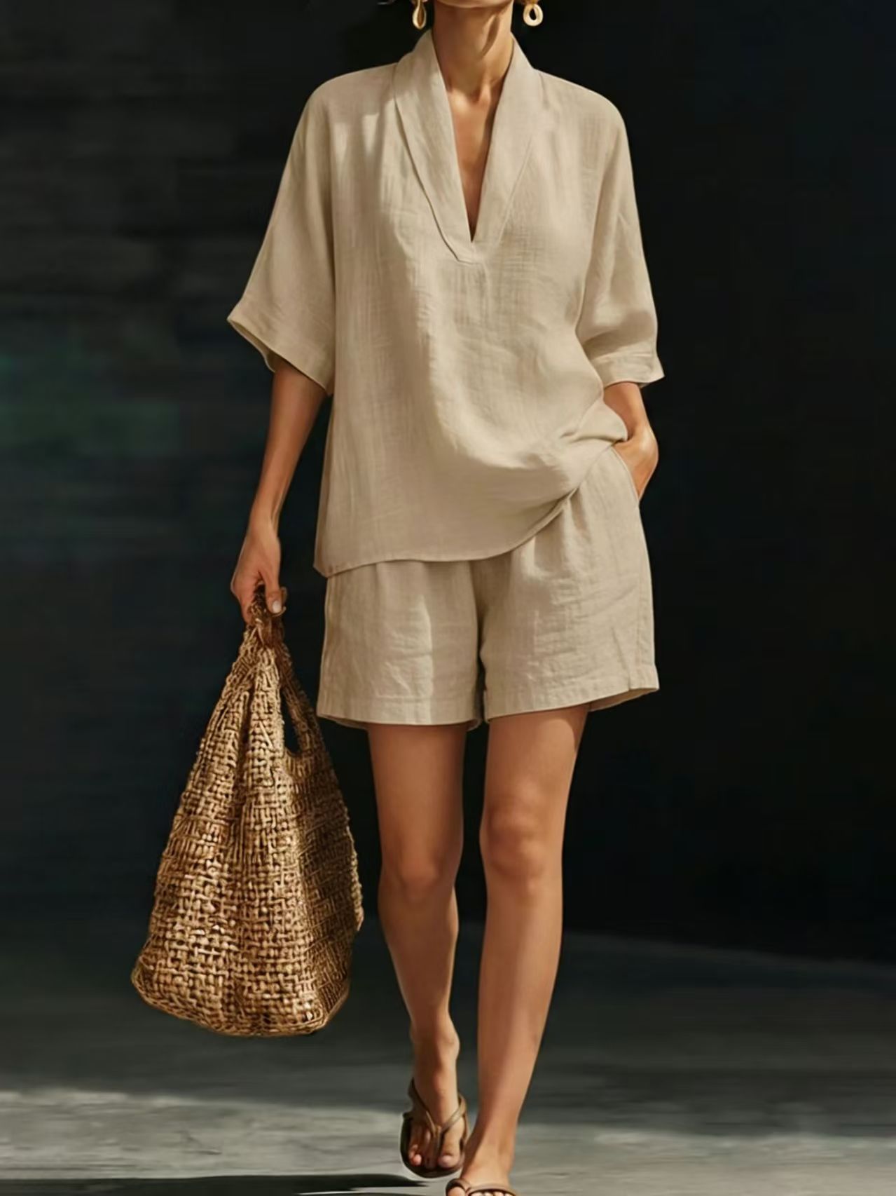 Kovelle - Ensemble Femme Deux Pièces Coton Décolleté V Short Coupe Ample