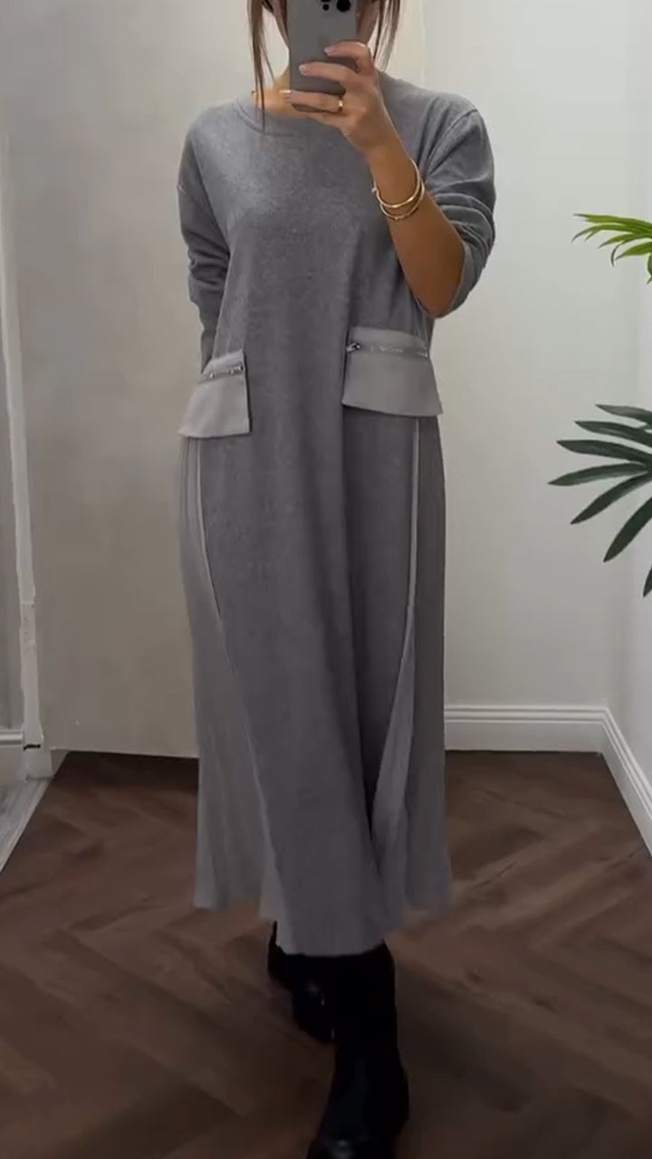 Isenelle - Robe Plissée Décontractée à Col Rond et Poches