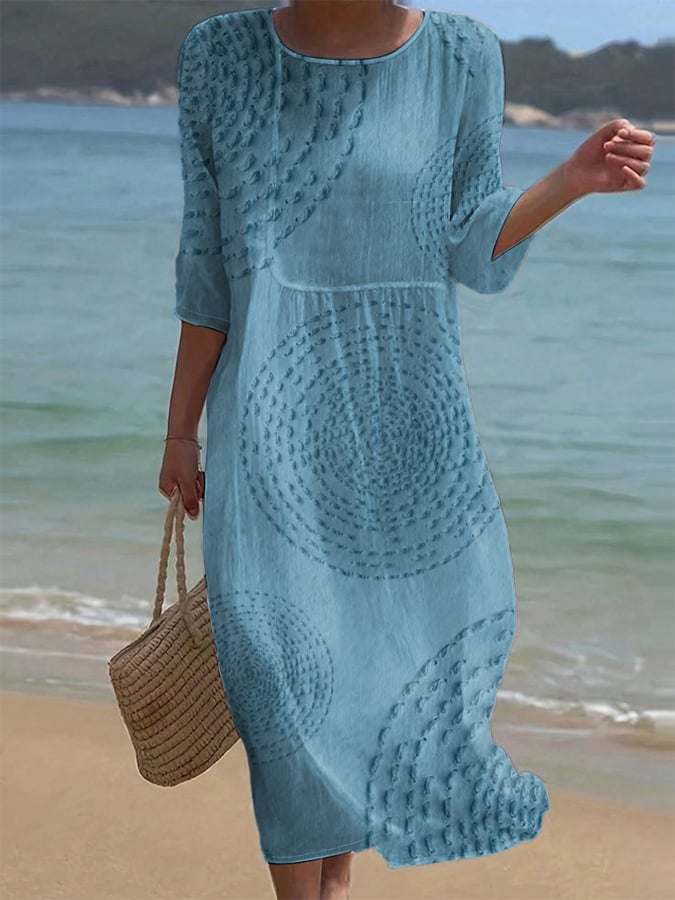 Pavessa - Flowy Midi Dress in Cotton and Linen with Textured Pattern