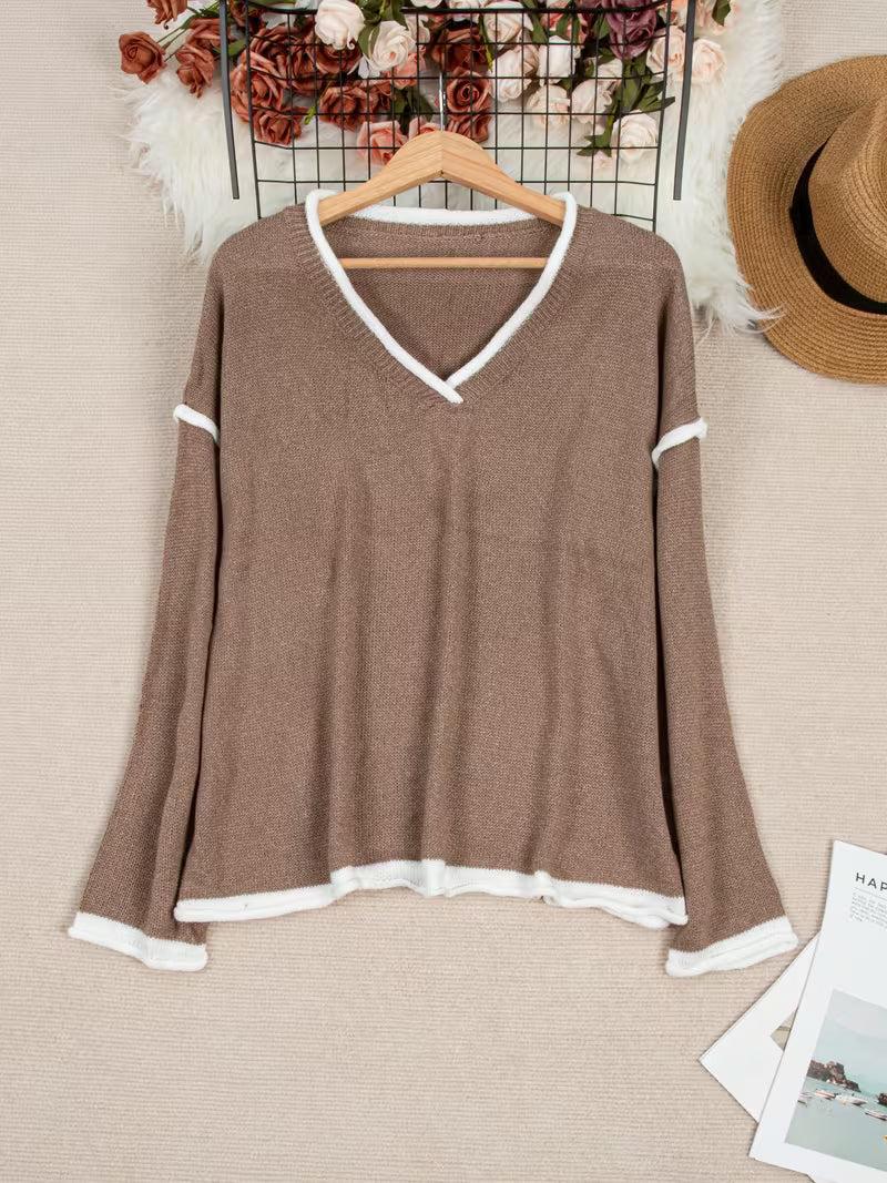 Gwenetta - Casual V-Neck Long Sleeve Sweater 