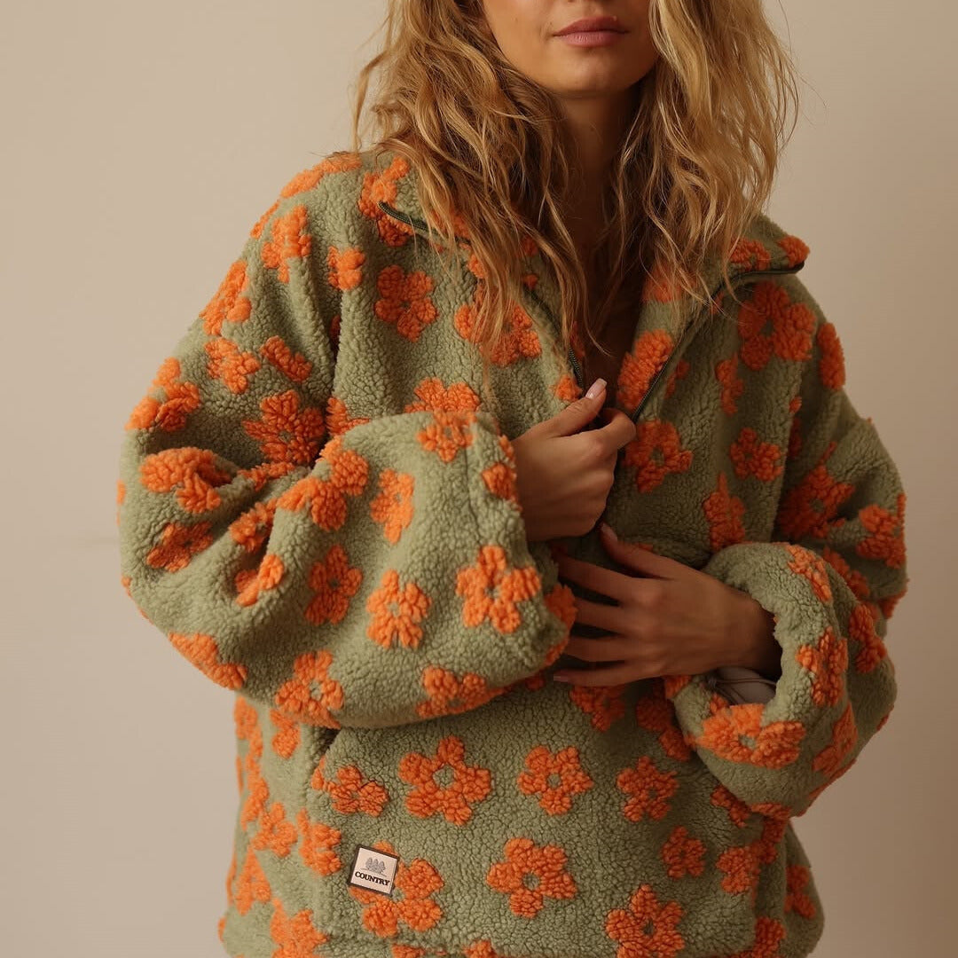 Jovira™ - Sherpa Fleece Sweatshirt with Boho Flowers and Oversized Fit 