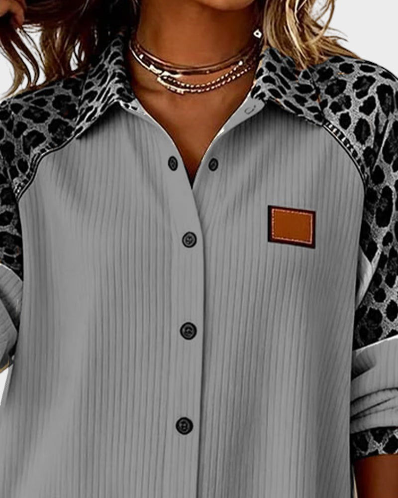 Oralynesse - Two-Tone Button-Down Shirt with Leopard Print Details 