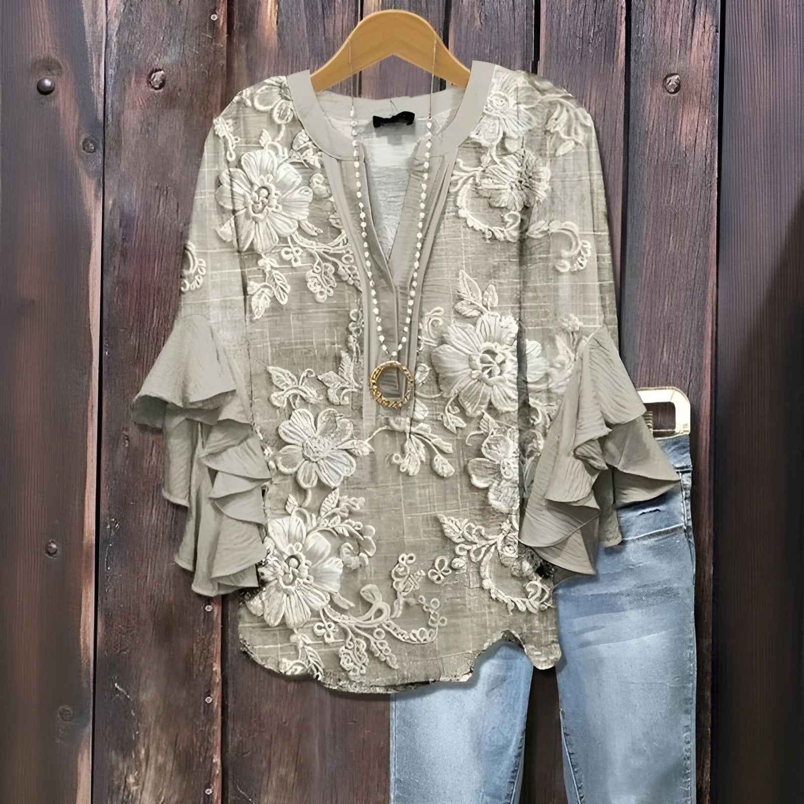 Elyara™ - Blouse décontractée avec motif de feuilles