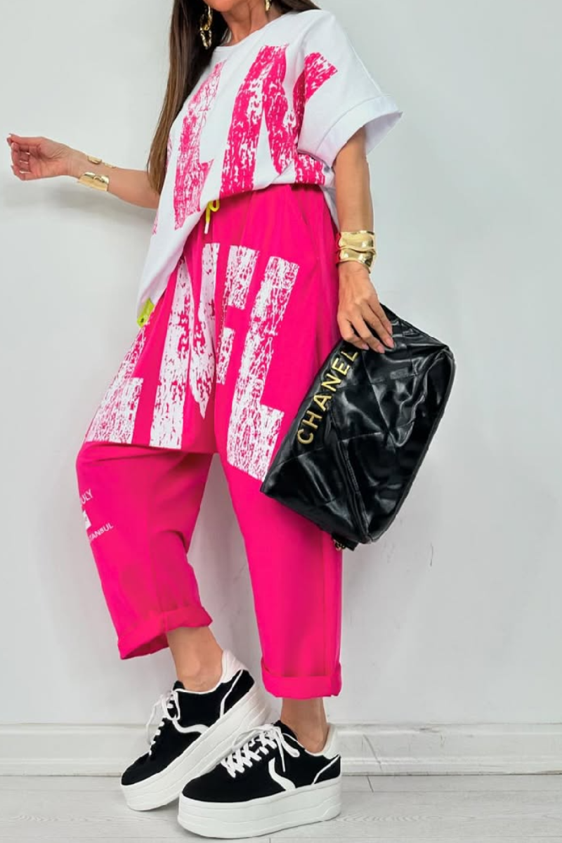 Kirelle - Women's casual set with round neck printed top and pants