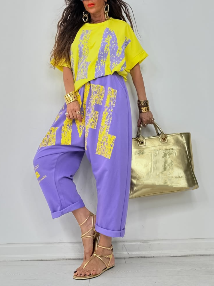 Kirelle - Women's casual set with round neck printed top and pants