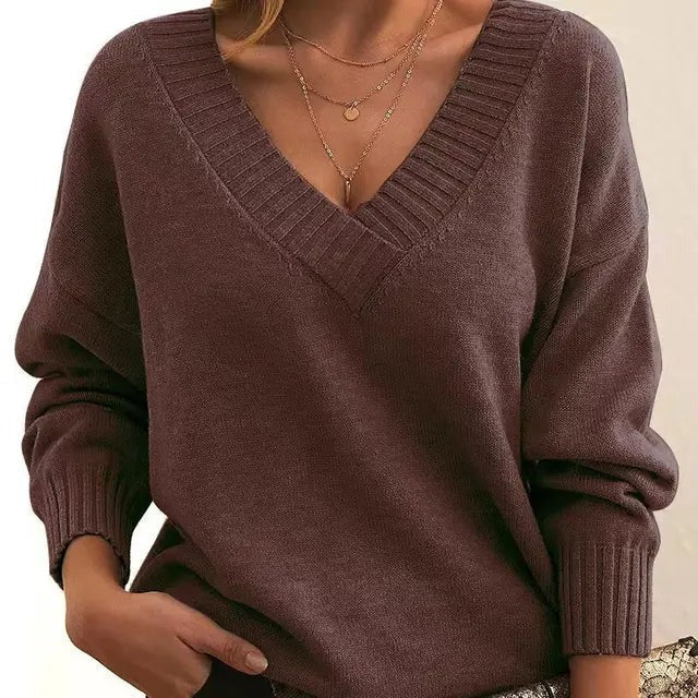 Jovessina - Elegant V-Neck and Long Sleeve Sweater 