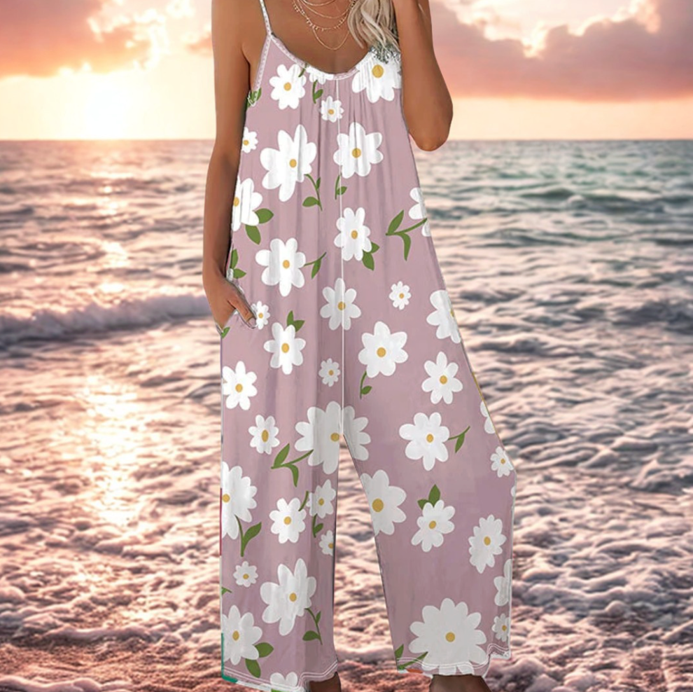 Dovellae - Women's Floral Print Thin Strap Wide Leg Summer Jumpsuit