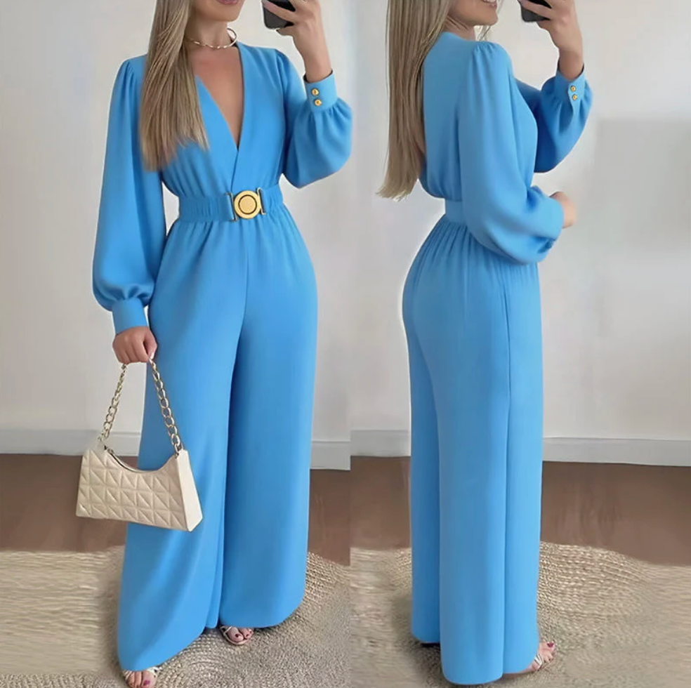 Jorethia - Women's V-Neck Wide Leg Belted Puff Sleeve Jumpsuit