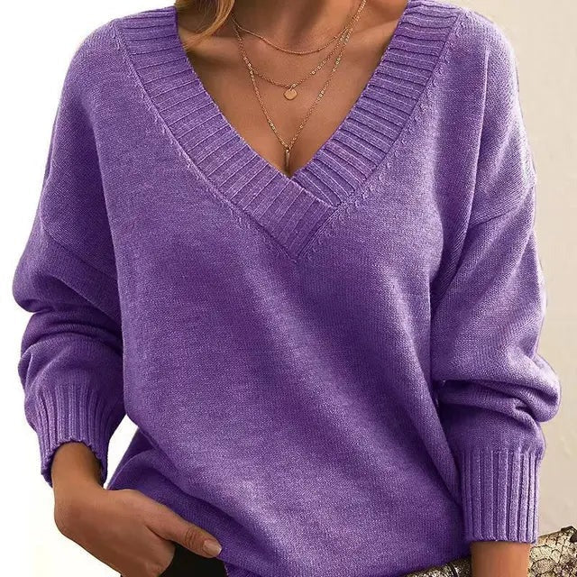 Jovessina - Elegant V-Neck and Long Sleeve Sweater 