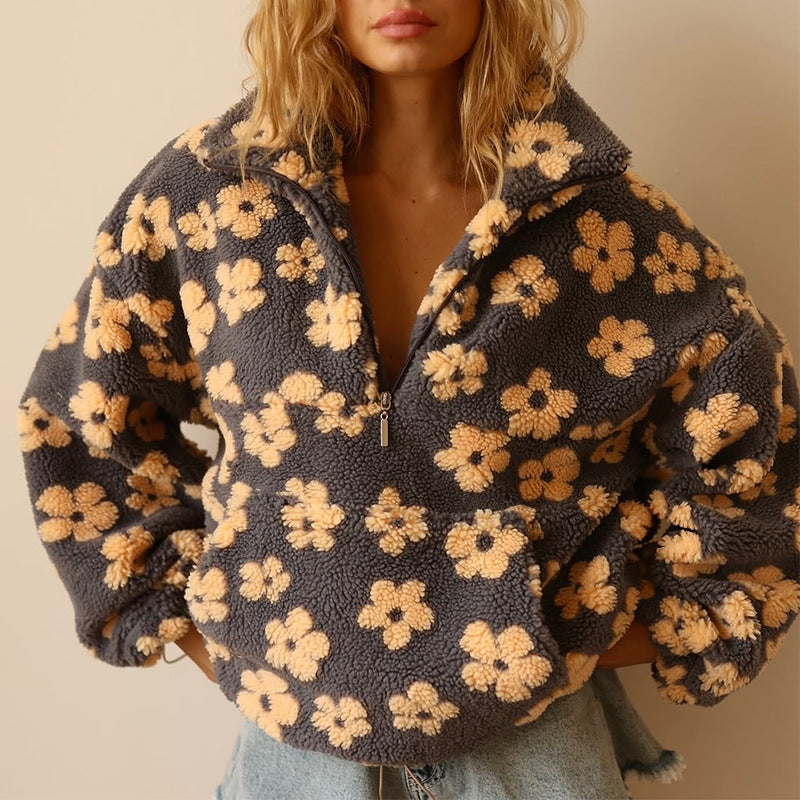 Jovira™ - Sherpa Fleece Sweatshirt with Boho Flowers and Oversized Fit 