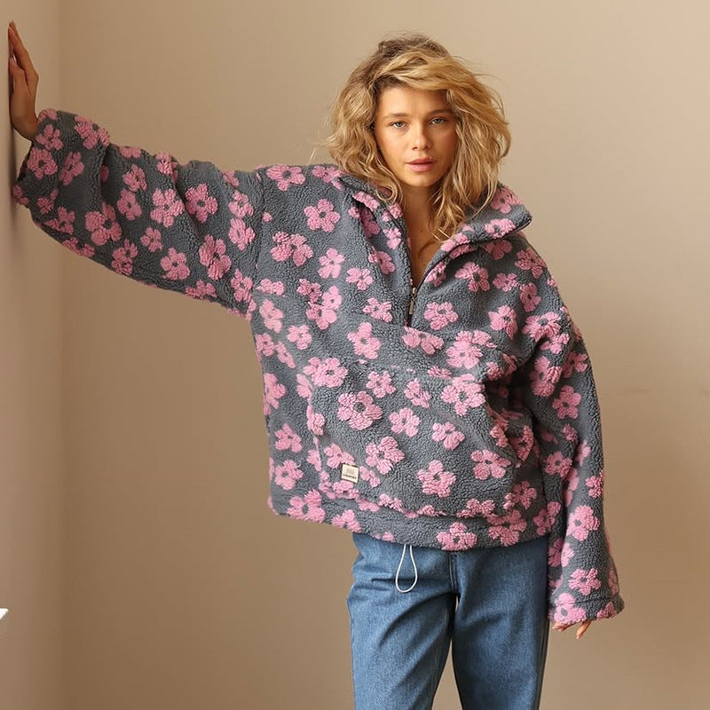 Jovira™ - Sherpa Fleece Sweatshirt with Boho Flowers and Oversized Fit 