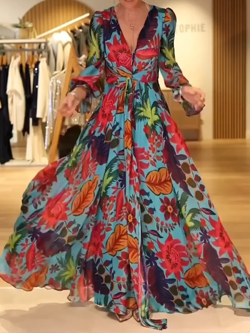 Savelie - Elegant Floral Long V-Neck Dress