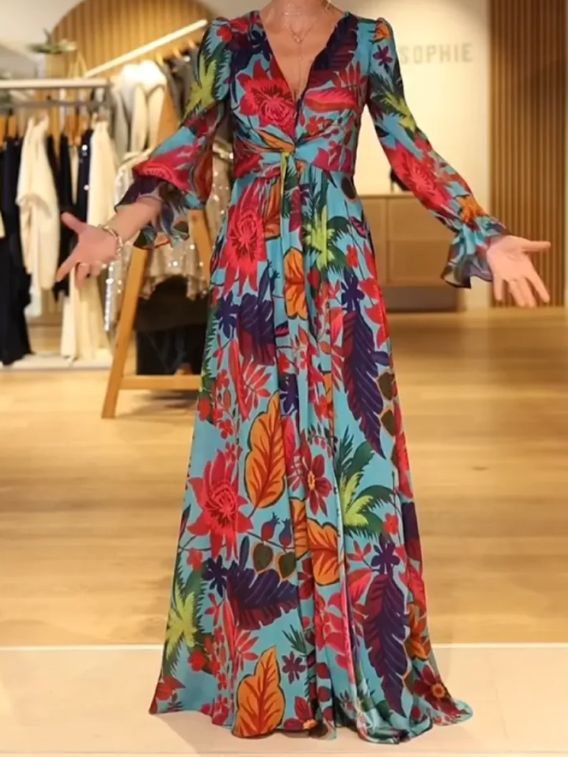 Savelie - Elegant Floral Long V-Neck Dress