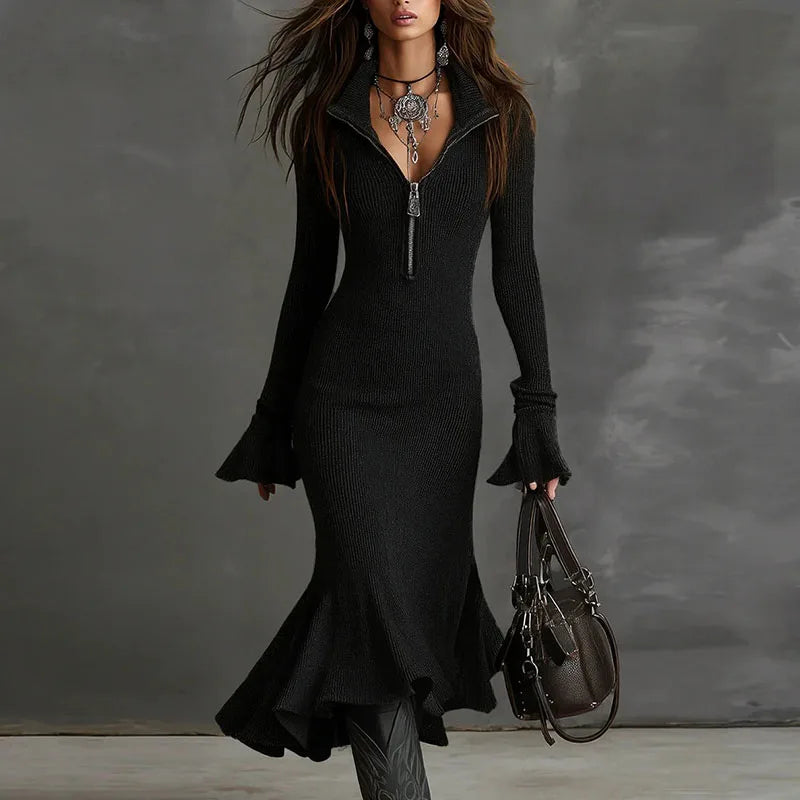 Pravielle - Robe Longue à Col Rabattu et Manches Évasées