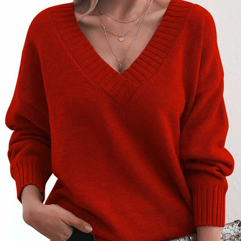 Jovessina - Elegant V-Neck and Long Sleeve Sweater 