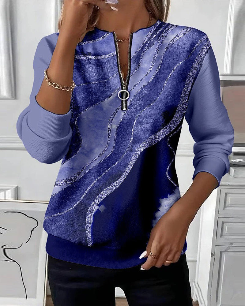 Dorevienne - Sweatshirt Décontracté à Demi-Zip Imprimé Vintage