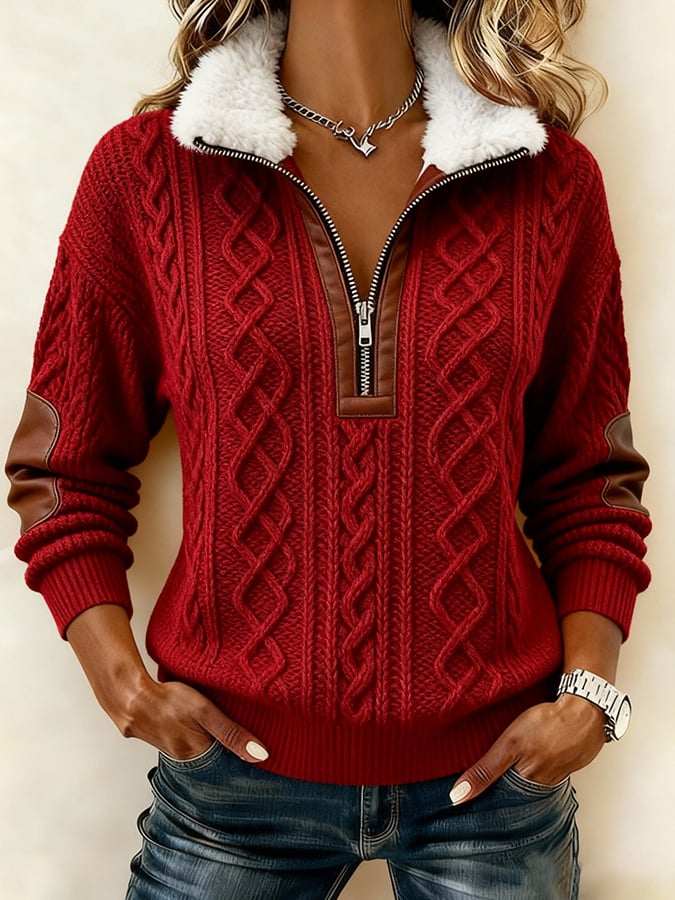 Rhosaline - Soft Zip-Neck Sweater with Faux Fur