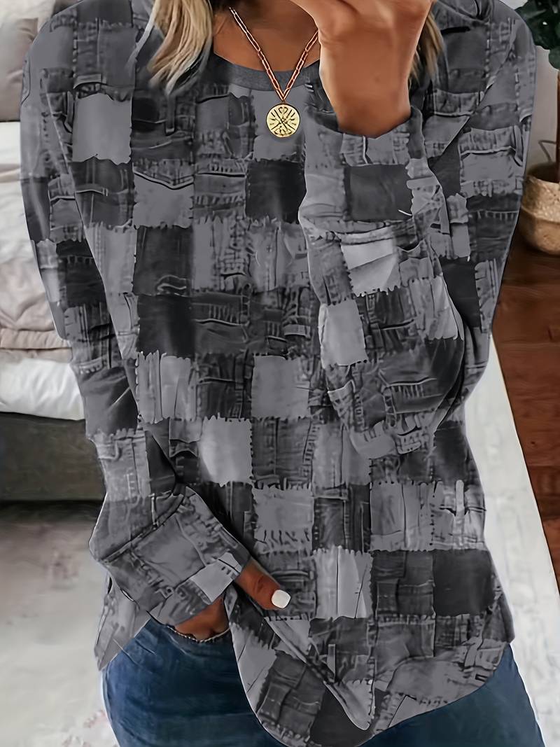 Pryselavine - Long Sleeve Checkered Pattern Casual Comfort Top 