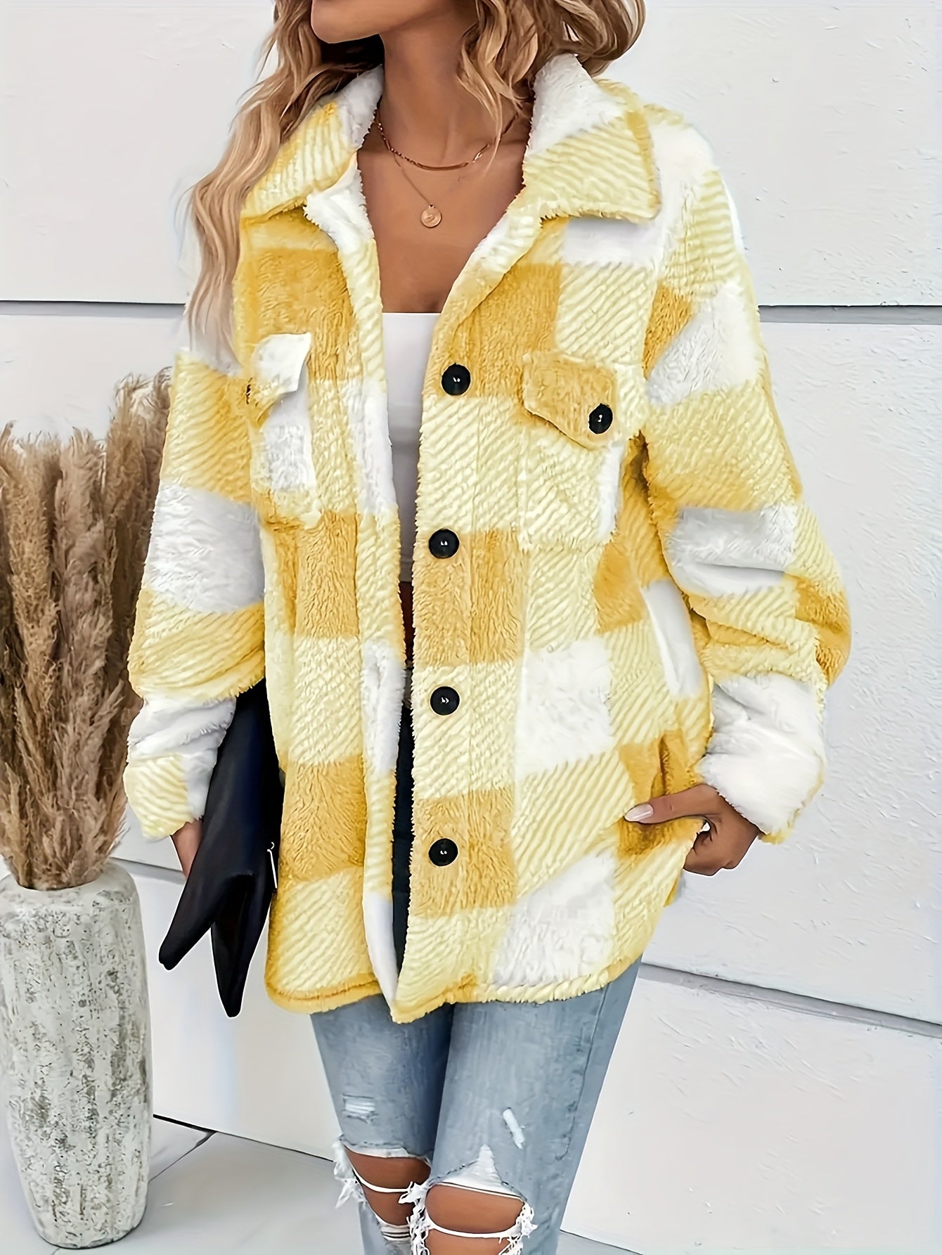 Doreline - Veste d’Hiver en Peluche à Imprimé Carreaux