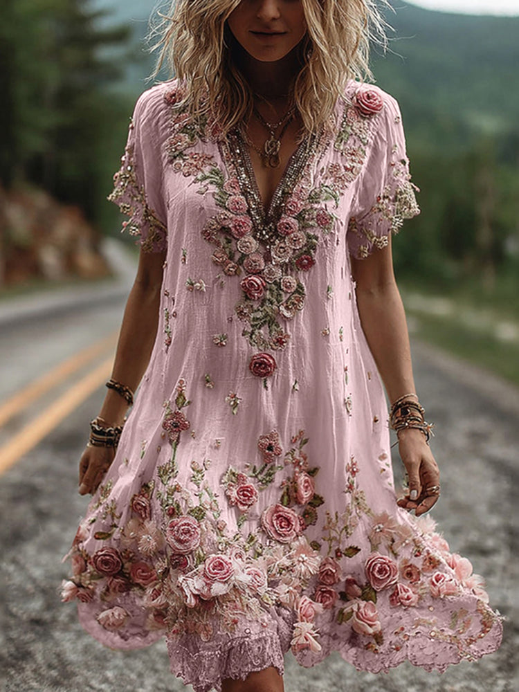 Azalée - Robe Églantine Vintage à Broderies Florales