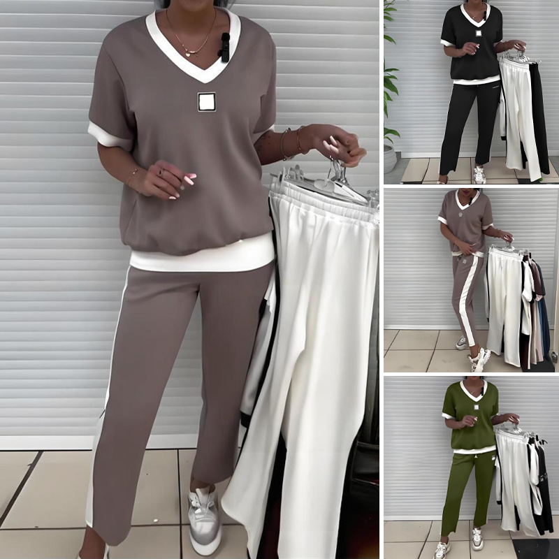 Euphrasie™ - Ensemble décontracté pour femme avec top à col en V et pantalon