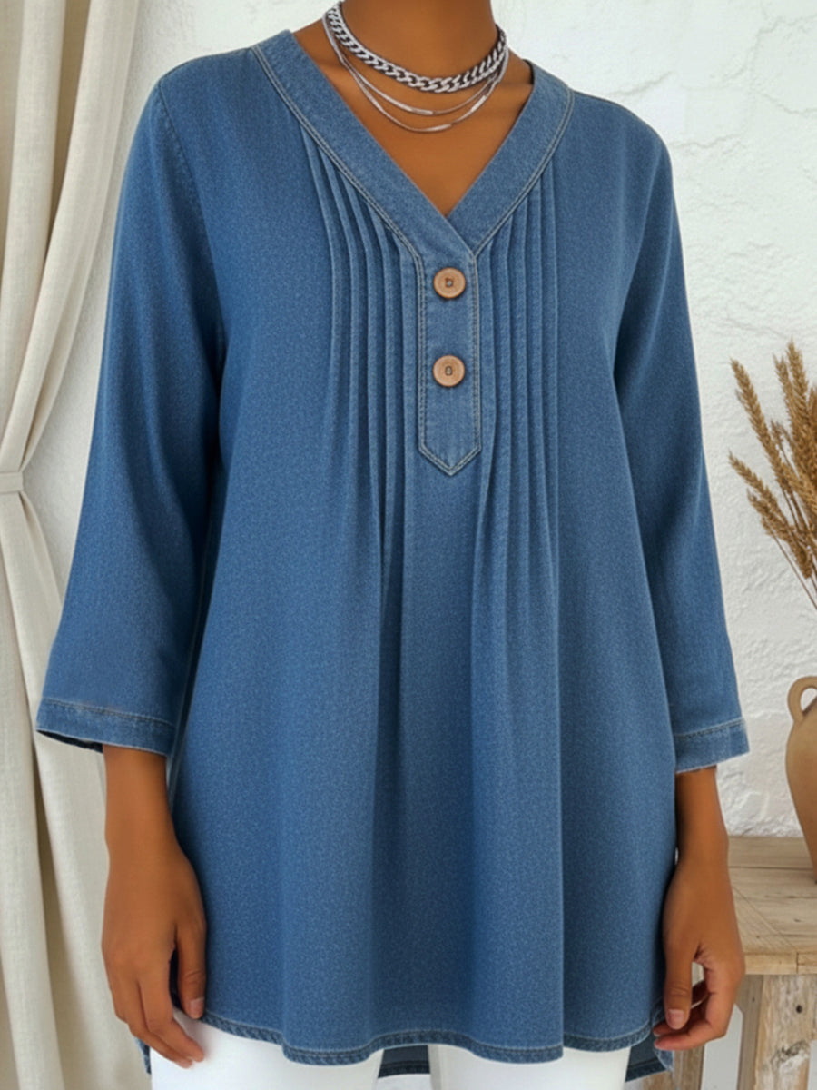 Avelynne - Blouse Denim Fluide à Col V