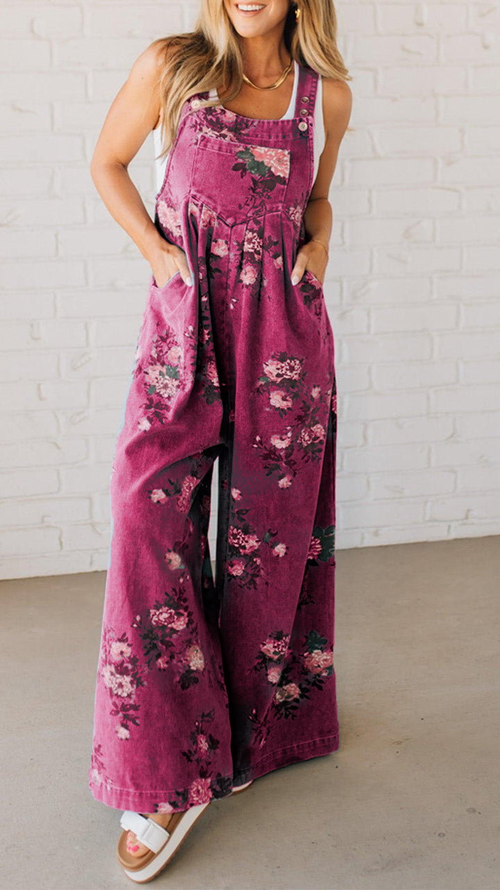 Elaria - Women's Denim Jumpsuit with Print and Pockets