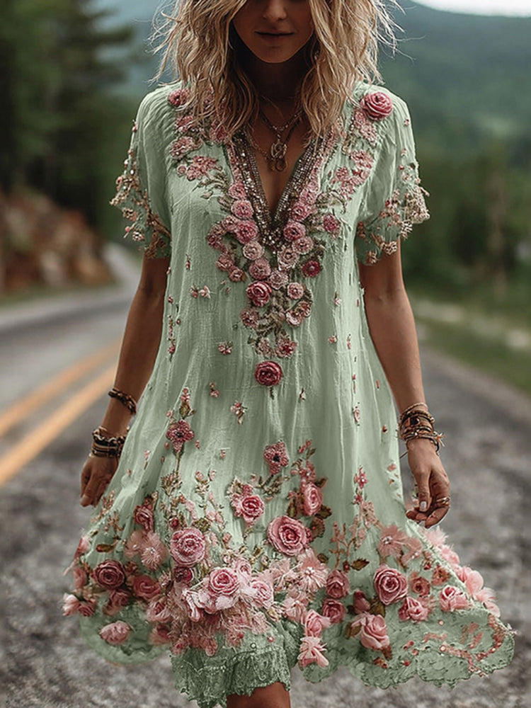 Azalée - Robe Églantine Vintage à Broderies Florales