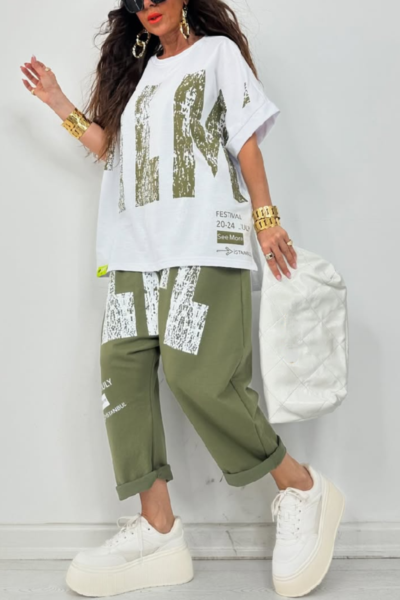 Kirelle - Women's casual set with round neck printed top and pants