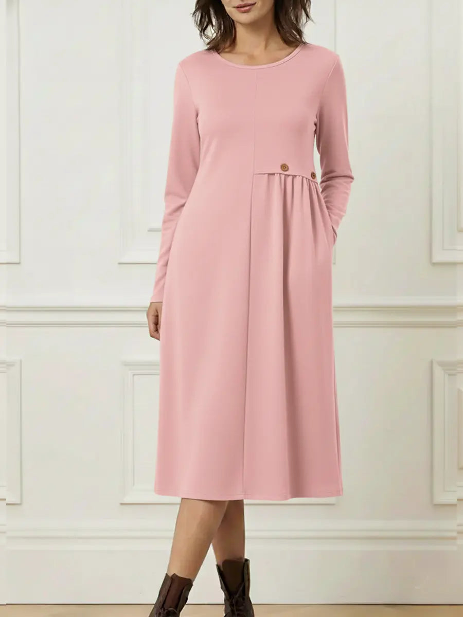 Helisavelle - Casual Style Long Sleeve Cotton Midi Dress