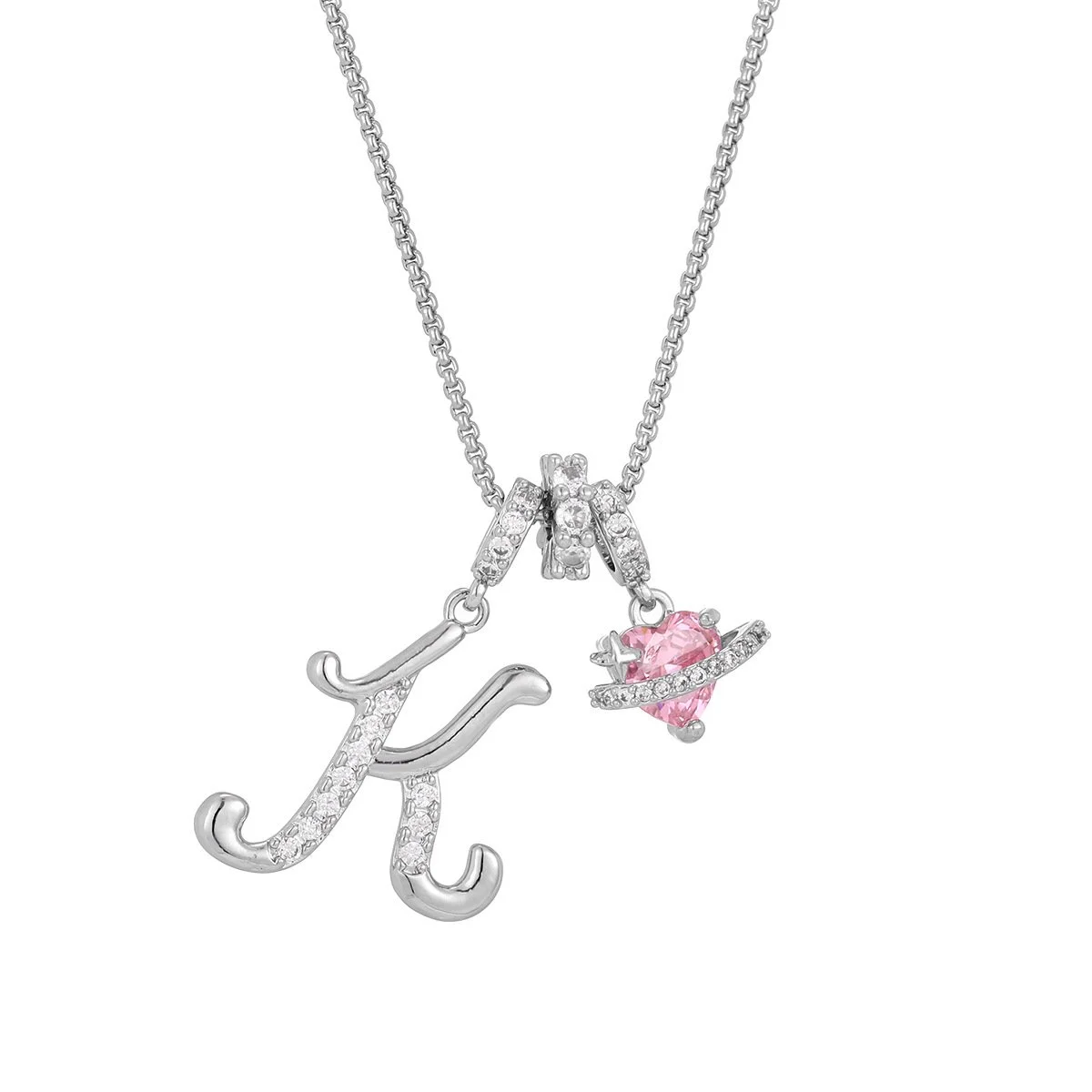 Carmelle - Initial Necklace with Sparkling Pink Heart