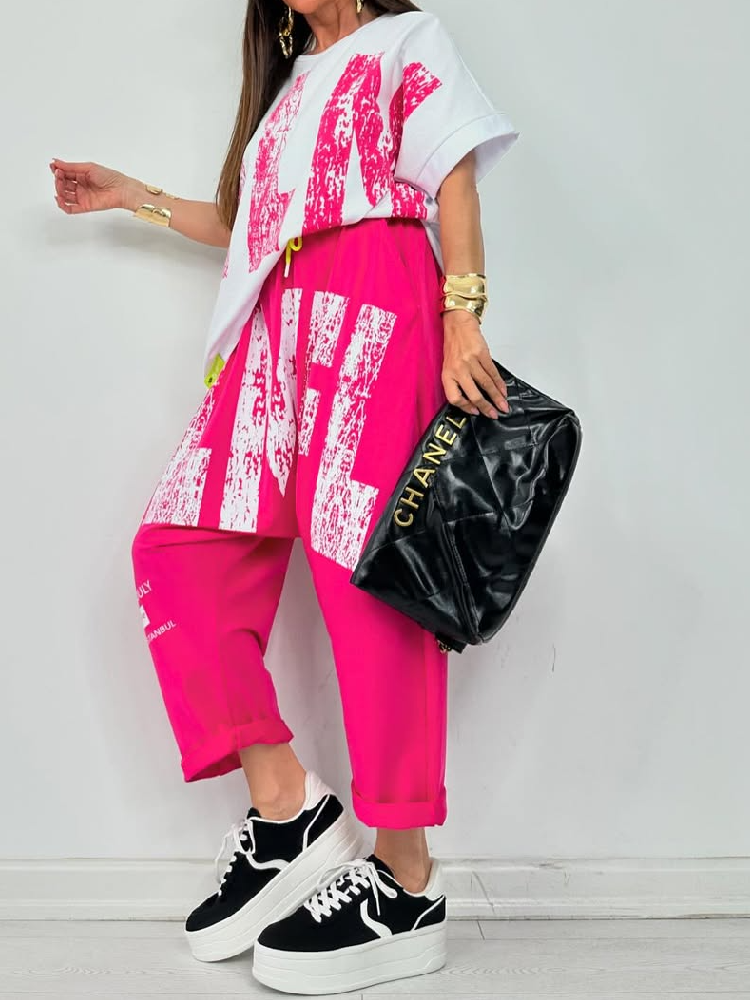 Kirelle - Women's casual set with round neck printed top and pants