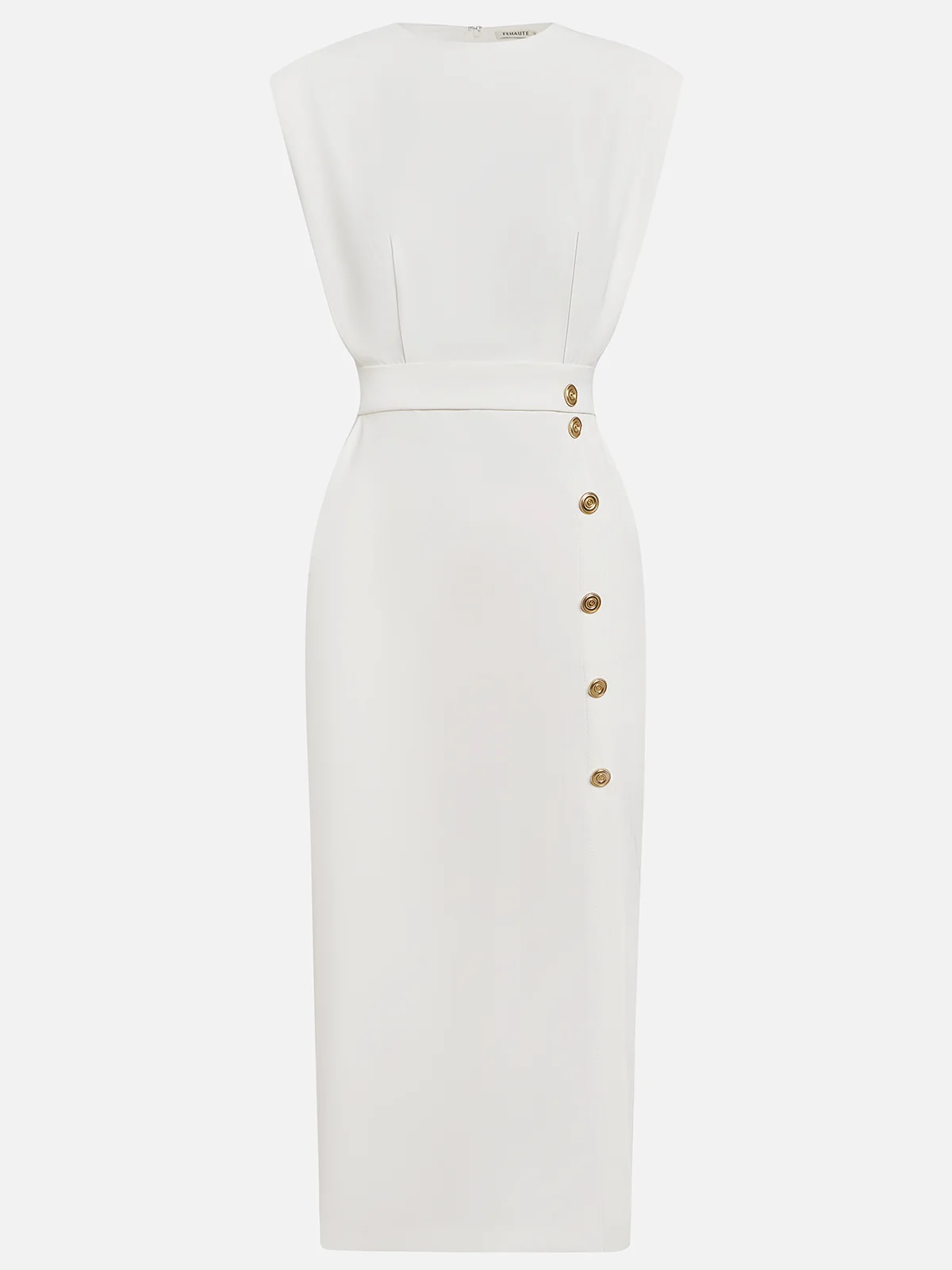 Floralia - Plain midi dress with button slit and round neckline