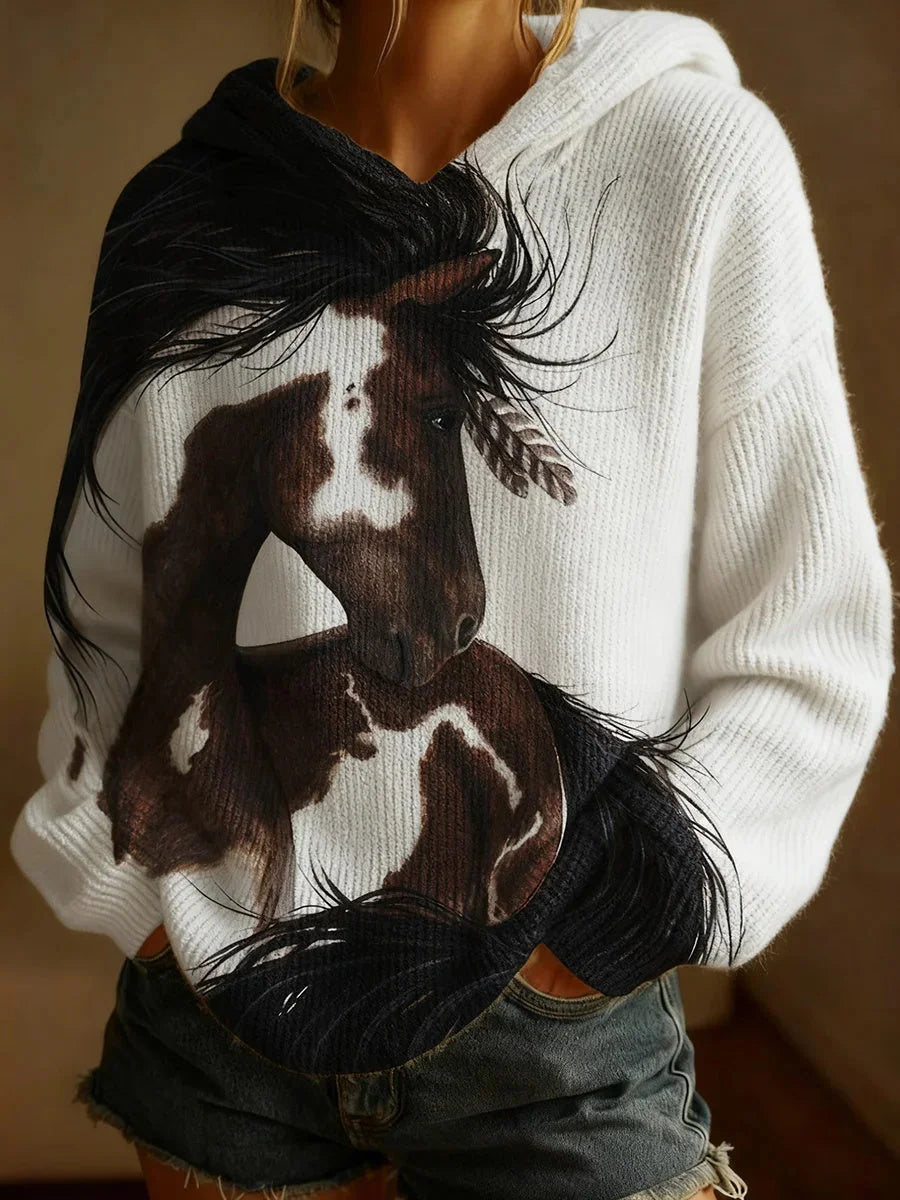 Elavienne - Retro Horse Print Casual Top 