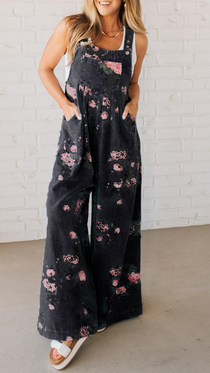 Elaria - Women's Denim Jumpsuit with Print and Pockets