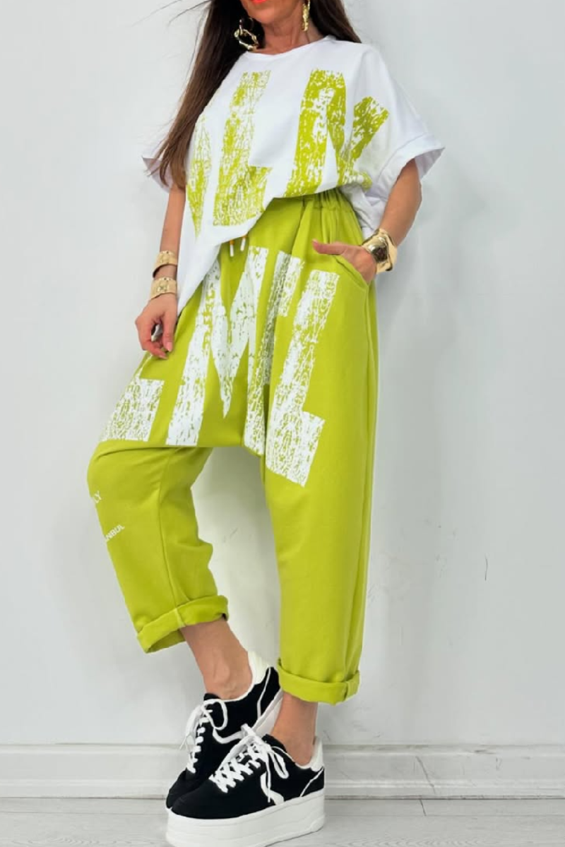 Kirelle - Women's casual set with round neck printed top and pants