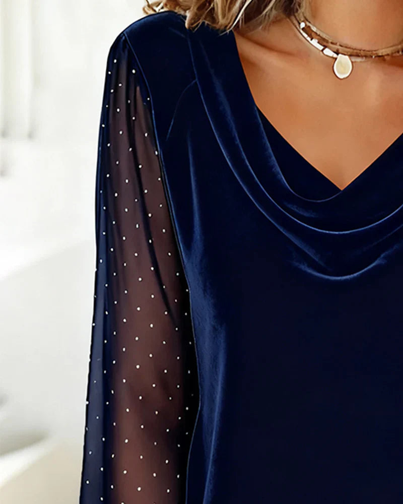 Lunavessia - Elegant Blouse with Draped Collar and Sheer Sleeves