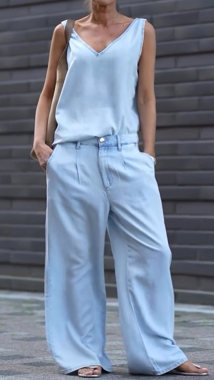 Maravelle - Women's Casual V-Neck Sleeveless Tencel Denim Set