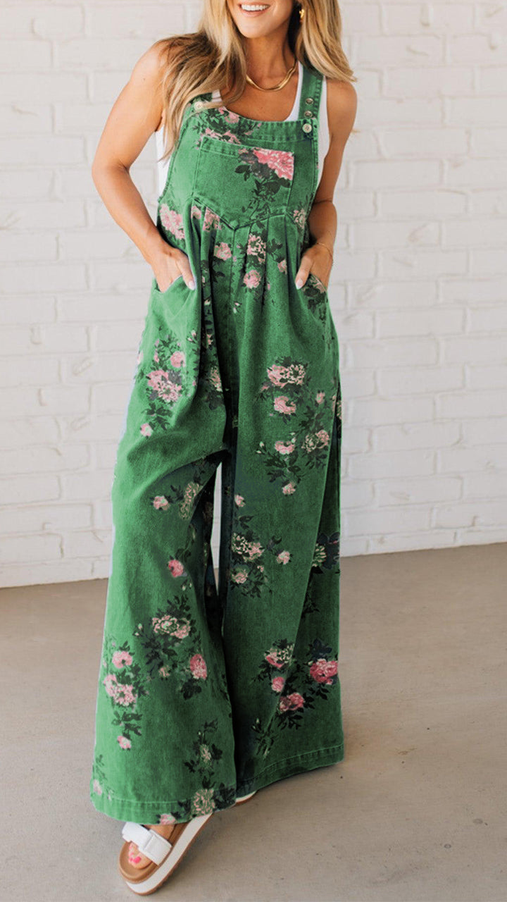 Elaria - Women's Denim Jumpsuit with Print and Pockets