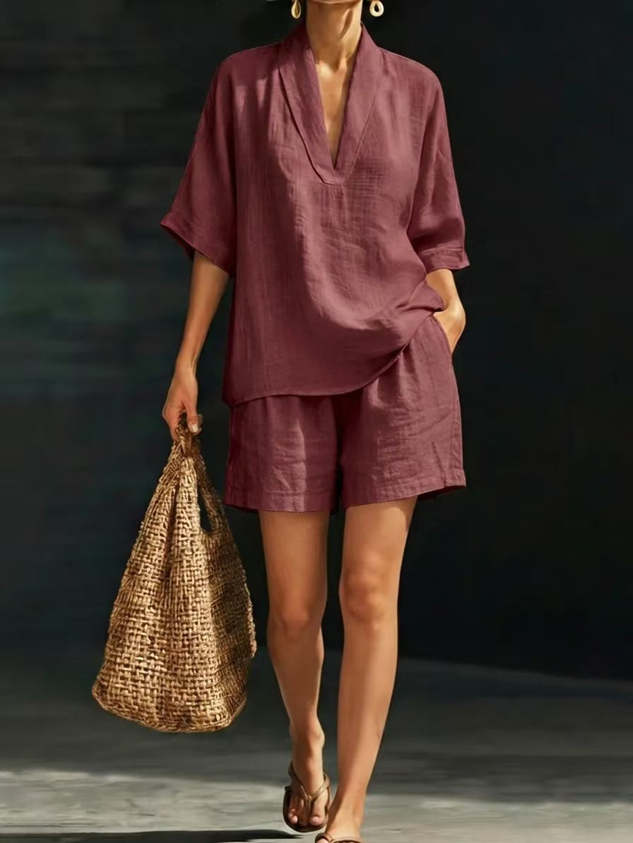 Kovelle - Ensemble Femme Deux Pièces Coton Décolleté V Short Coupe Ample