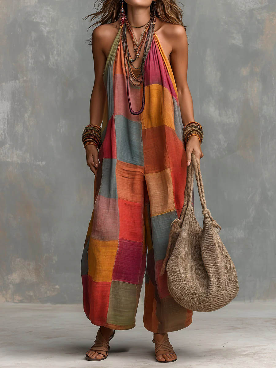 Izzorae - Women's Loose Patchwork Cotton Linen Jumpsuit Summer Beach