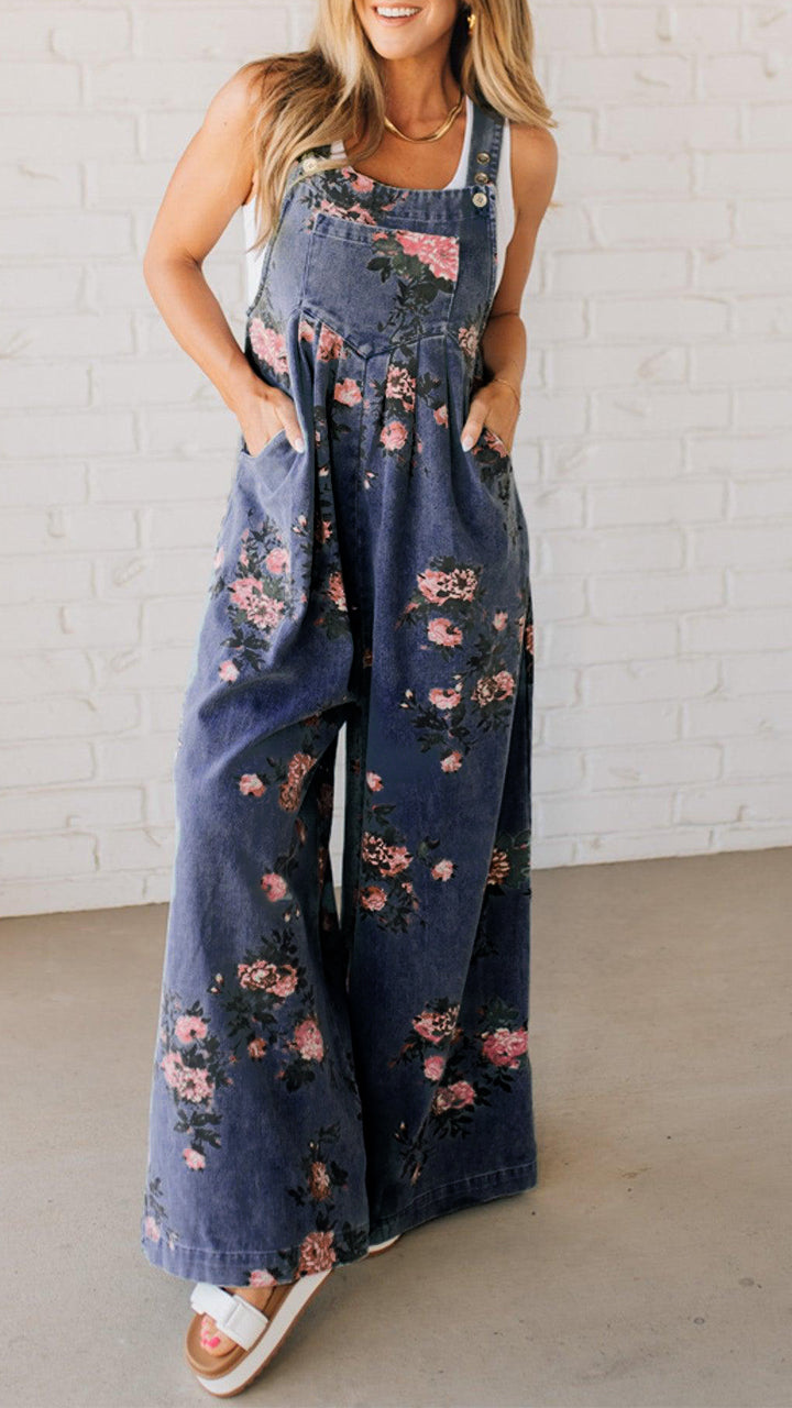 Elaria - Women's Denim Jumpsuit with Print and Pockets