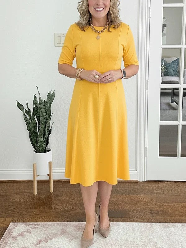 Quirinae - Elegant Midi Dress with Flared Cut and Sleeves