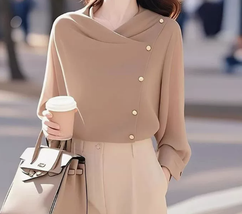 Isavellora - Elegant Draped Sweater with Gold Buttons