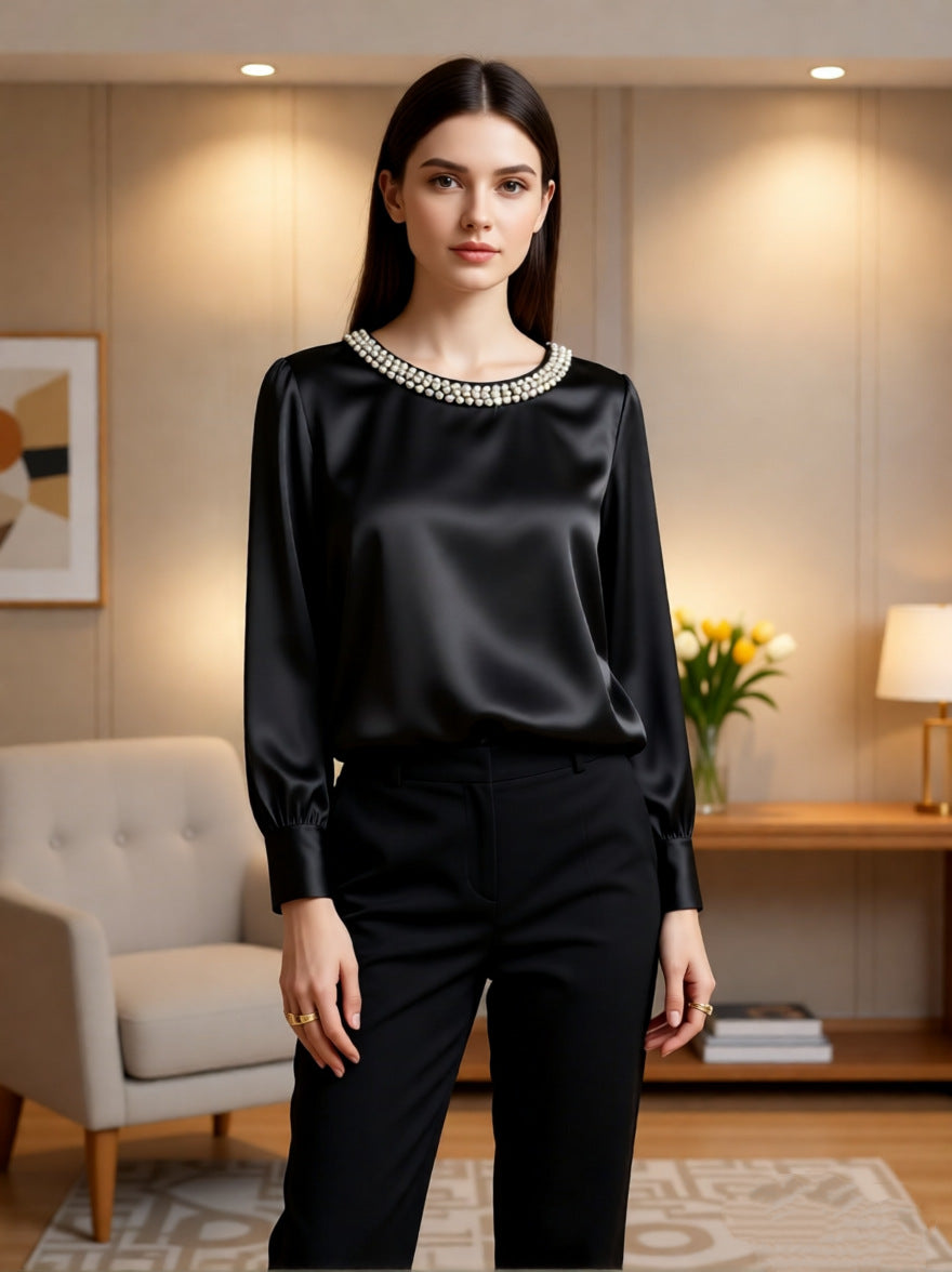 Neralivora - Beaded Satin Top with Jewel Collar