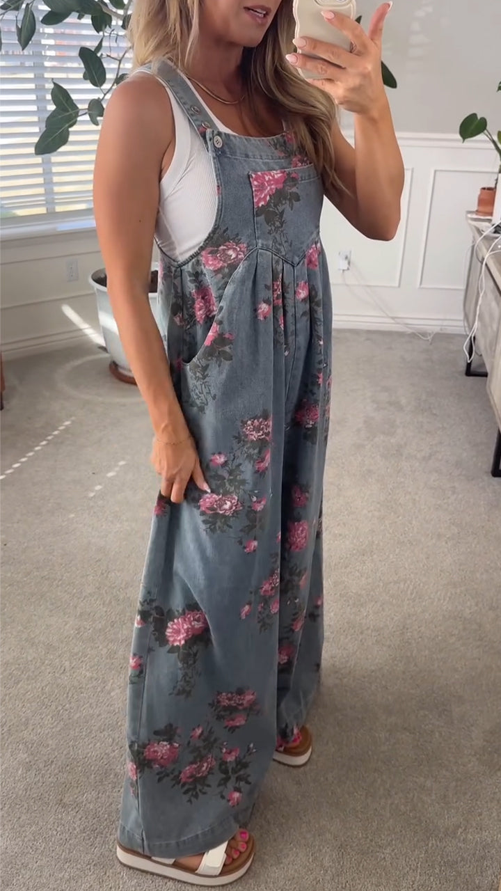 Elaria - Women's Denim Jumpsuit with Print and Pockets