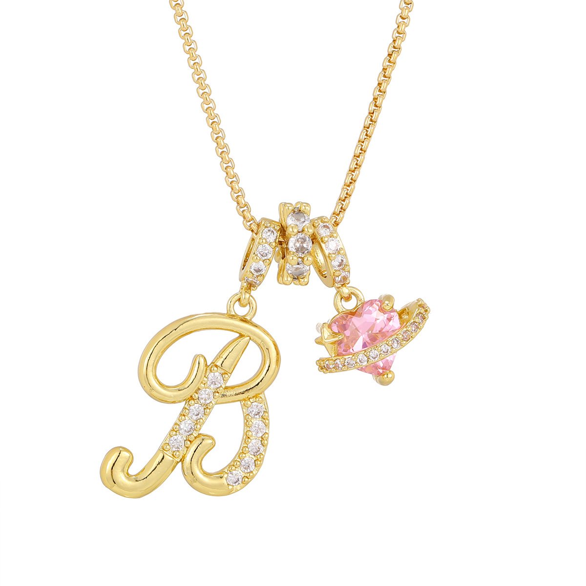 Carmelle - Initial Necklace with Sparkling Pink Heart