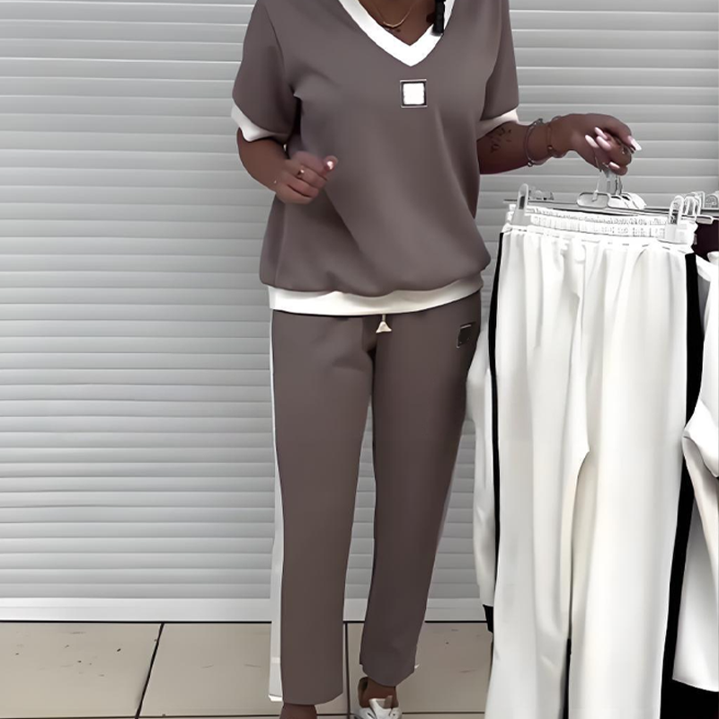 Euphrasie™ - Ensemble décontracté pour femme avec top à col en V et pantalon