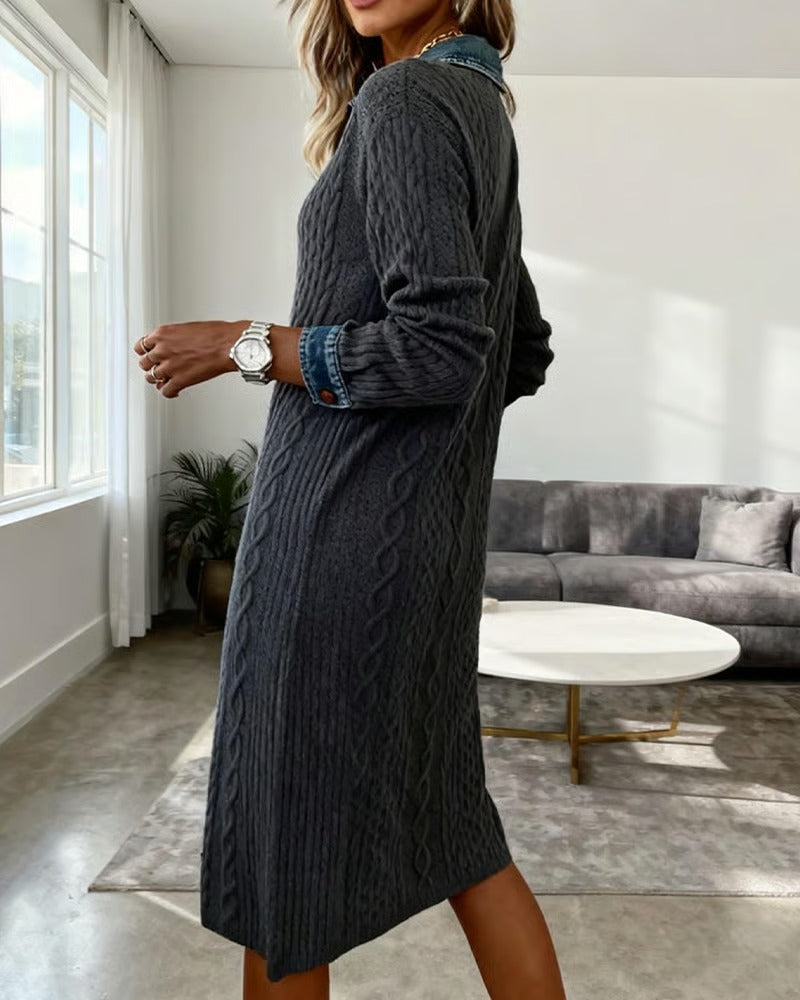 Bresaline - Robe chic en maille torsadée avec détails en denim