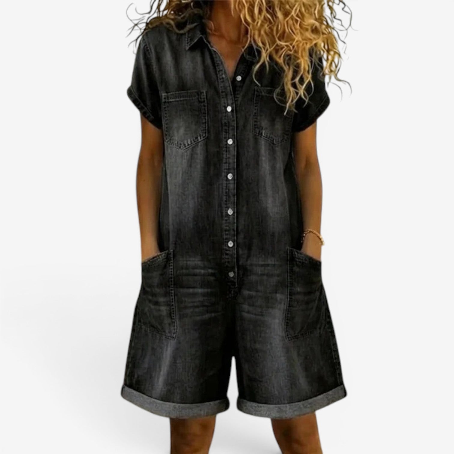 Rovellea - Women's Loose Denim Short Jumpsuit with Buttons, Casual Summer Style